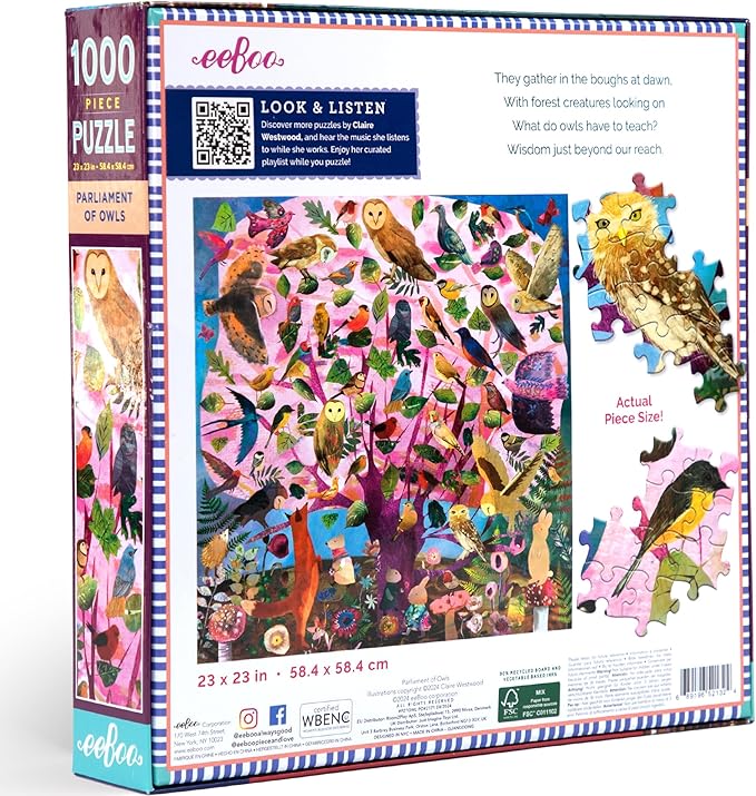 eeBoo 1000 Piece Puzzle - Parliament of Owls Jigsaw Puzzle for Adults, Square 23" x 23" Made with Recycled Board & Vegetable-Based Ink