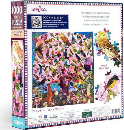 eeBoo 1000 Piece Puzzle - Parliament of Owls Jigsaw Puzzle for Adults, Square 23" x 23" Made with Recycled Board & Vegetable-Based Ink