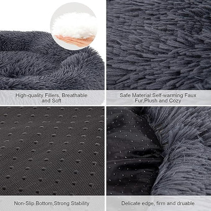 Dog Bed, Cat Calming Bed, Faux Fur Pillow Pet Donut Cuddler Round Plush Bed for Large Medium Small Dogs and Cats (Light Grey, 44.0" L x 44.0" W x 7.0" Th)