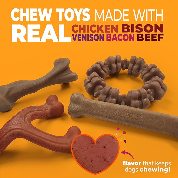 Nylabone Strong Chew Toy 4-Pack Bundle for Dogs Made with Real Bacon, Bison, Venison, Beef, & Chicken, Durable Dog Chew Bones for Aggressive Chewers, Large Dog Toys - Up to 50 lbs, 4 Count