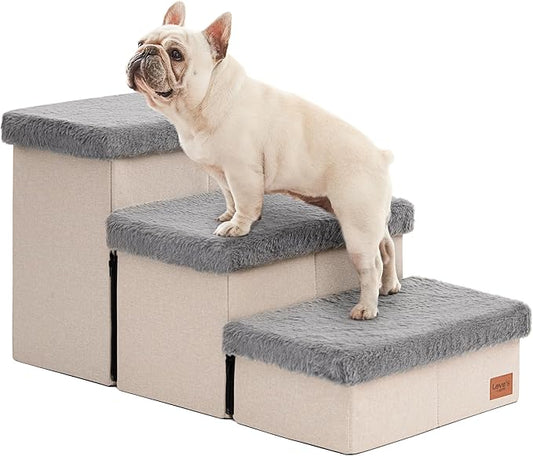 Love's cabin Dog Stairs for High Bed 18" H, 3 Steps with Furry Lids Pet Stairs for Small Medium Large Dogs, Foldable Cat Ramp with Zip up to 200 lbs, Grey