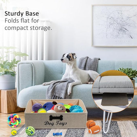 Large Dog Toy Basket Collapsible Dogs Toy Box Fabric Trapezoid Dog Toys Bin Storage for organizing pet Toys/Blankets/leashes/Rope Toys/Clothing-Can be Personalized-KhakiStripe