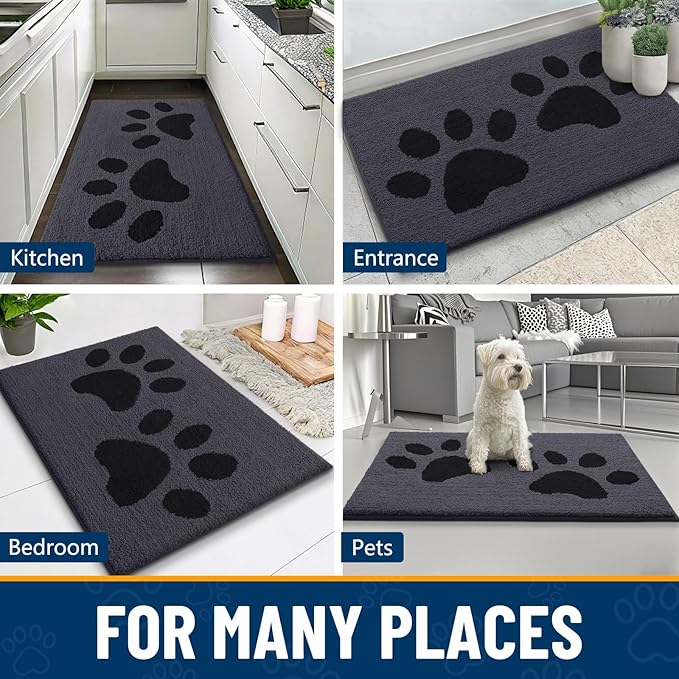 Smiry Dog Door Mat for Muddy Paws, Absorbs Moisture and Dirt, Low-Profile Entryway Mat with Non-Slip Backing, Entry Indoor Outdoor Doormat for Inside Floor (36x24 Inches, Black, Paw)