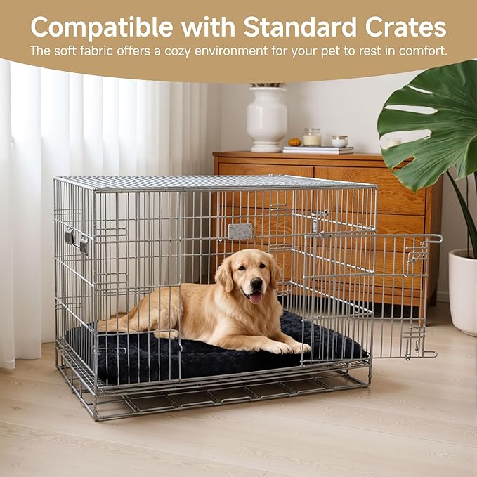 Washable Dog Bed Mat Soft Dog Crate Pad Fluffy Pet Kennel Beds Sleeping Mattress with Non-Slip Bottom for Large Jumbo Medium Small Dogs, 47 x 29 Inch, Black
