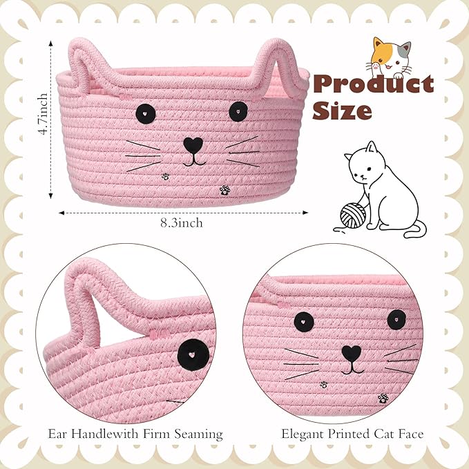 Zopeal Cat Basket Storage Woven Organizer with Ears Easter Decorative Pet Toy Cute Cotton Rope Basket for Gift Cat Dog Toy Bin Nursery Room(8.3 x 4.7 Inch,Pink)