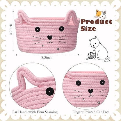 Zopeal Cat Basket Storage Woven Organizer with Ears Easter Decorative Pet Toy Cute Cotton Rope Basket for Gift Cat Dog Toy Bin Nursery Room(8.3 x 4.7 Inch,Pink)