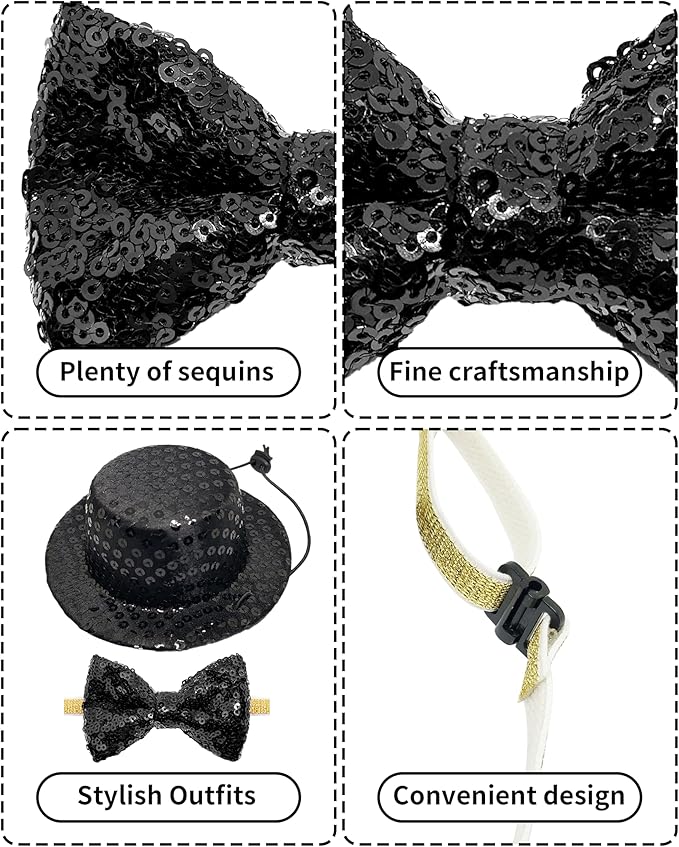 PET SHOW 2 Pack Small Dog Top Hat & Collar Bowtie Black Adjustable Cat Sombrero Hat Formal Bow Tie Halloween Cosplay Costume New Year Pet Birthday Party Holiday Decoration