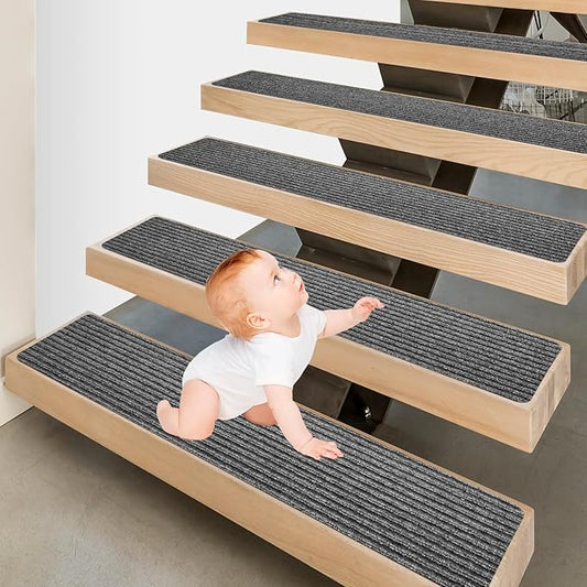 Stair Treads for Wooden Steps - Non Slip Stairs Carpet Tape Peel and Stick with Double Adhesive Tape Set of 15 Stripe- Grey