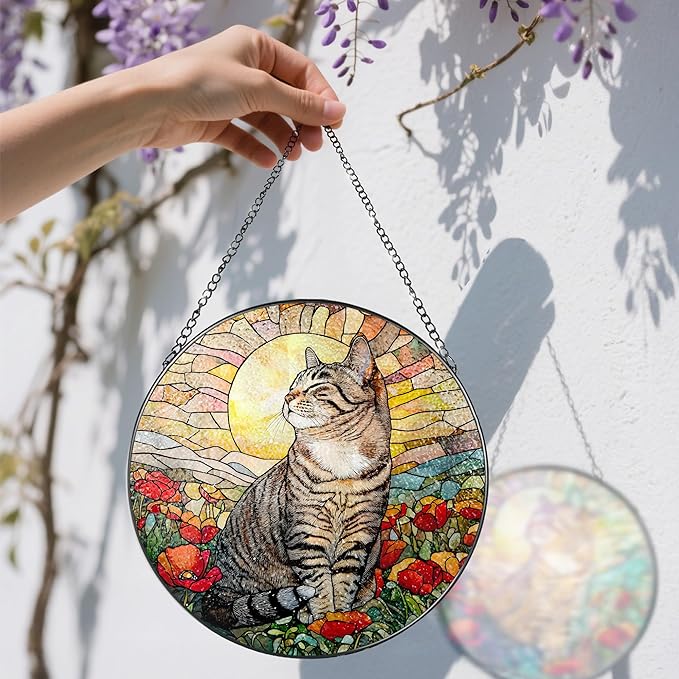 Stained Glass Window Hanging, 8 Inch Cat Stained Glass Ornament, Suncatchers for Windows Hanging, Suncatcher Decorations for Windows, Window Decor, Gifts for Cat Lovers