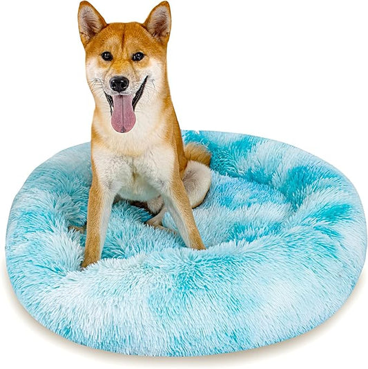 Calming Dog Bed for Medium Dogs Cats, Puppy 31'' Round Anti-Anxiety Warm Fluffy Plush Faux Fur Bed, Soft Anti-Slip Donut Washable, Cozy Medium Puppy Bed, Fits up to 50 lbs Pets