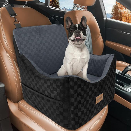 JOEJOY Elevated Dog Car Seat for Small/Medium Dogs up to 35 lbs, Memory Foam Booster Seat with Detachable Washable Cover, Travel-Safe Car Bed with Safety Belts & Storage Pockets, Dark Grey