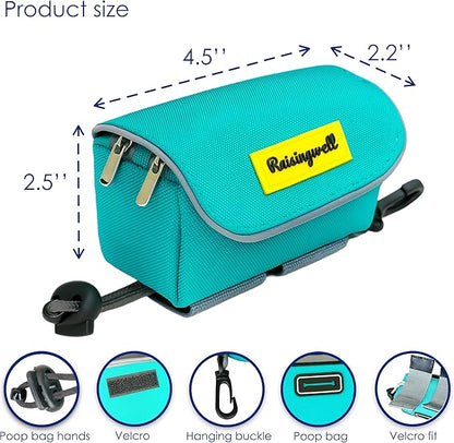 Dog Poop Bag Holder for Leash, 2 Waterproof Zipper Pouches, Dog Treat Pouch for Pet Walking Accessories, with Dispenser, Training Clicker and 1 Free Roll (Green)