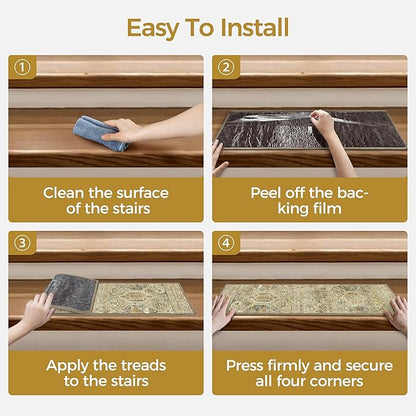 Carpet Stair Treads Non Slip 15PCS, 8" X 30" Edging Stair Runner for Wooden Steps Indoor, Resistant Stair Rugs with Reusable TPE Adhesive Backing, Residue Mat for Elders, Pets, Tawny/Ivory