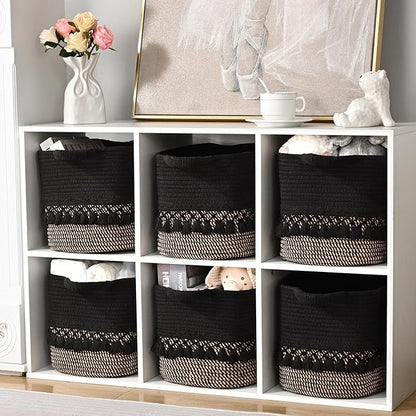 2 Pack Storage Basket for Shelves, Boho Cotton Rope Storage Bins with Heavy Tassel, Shelf Baskets Large Woven Baskets for Organizing, Cube Organizer Bins, Baby Laundry Basket for Clothes, Toys, Pets