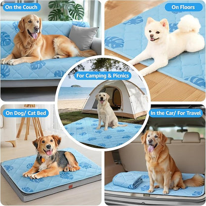 LOOBANI Dog Cooling Mat for Large Dogs 65"x48"- Pet Cooling Mat with Anti-Slip Bottom, Waterproof Self-Cooling Dog Pad for Crate, Floor & Car, Grey Monstera (Blue, 65"x48")