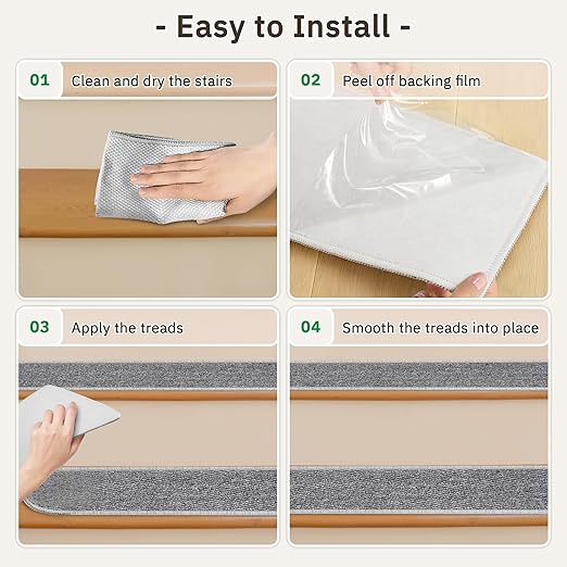 Non-Slip Stair Treads Runners - 30''x30'' Stair Runner for Wooden Steps Washable Self Adhesive Stair Landing Rug Stain Resistant Carpet Edging Staircase Mats for Kids and Dogs Grey