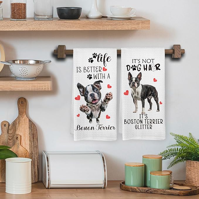Boston Terrier Gifts Kitchen Towels Set of 2, Funny Dog Hand Towels for Bathroom Kitchen Decor, Boston Terrier Gifts for Women Dog Owners, Gift forDog Lovers Dishcloths Dish Towel 16X24 Inches
