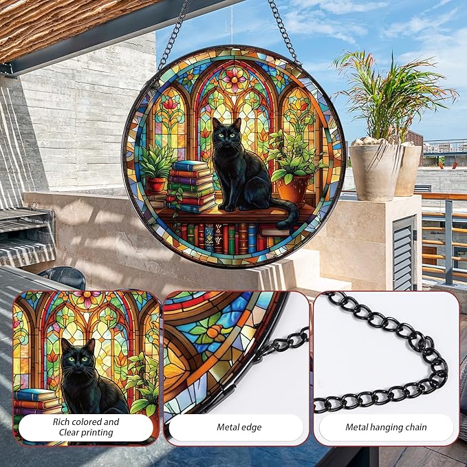 Stained Glass Window Hanging, 8 Inch Sun Catcher Cat and Book Theme Gift for Housewarming, Decorative Suncatchers Gifts for Wall Art Landscape Hanging Home Decor