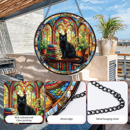 Stained Glass Window Hanging, 8 Inch Sun Catcher Cat and Book Theme Gift for Housewarming, Decorative Suncatchers Gifts for Wall Art Landscape Hanging Home Decor