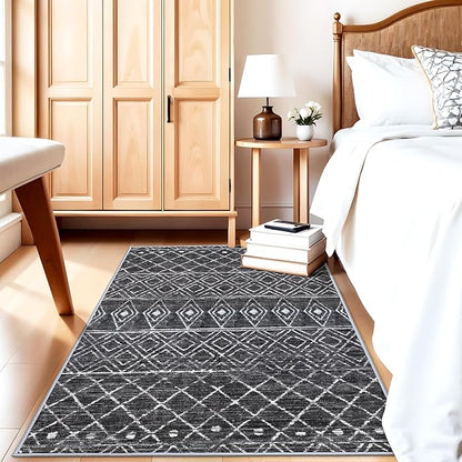 3x5 Washable Moroccan Area Rug: Ultra Soft Low Pile Non-Slip Rugs - Modern Geometric Printed Indoor Floor Mat - Carpet for Living Room Bedroom Entryway Kitchen Home Decor 3x5 Black