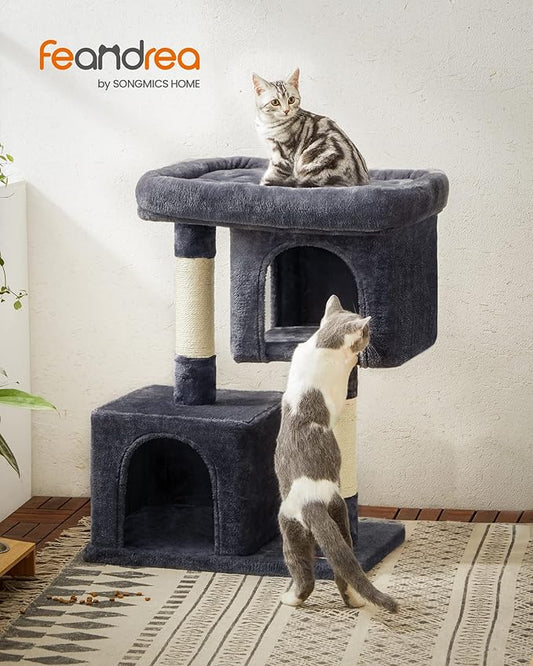 Feandrea Cat Tree, 33.1-Inch Cat Tower, Plush Condo for Large Cats up to 16 lb, Large Perch, 2 Caves, Scratching Post, Smoky Gray UPCT61G