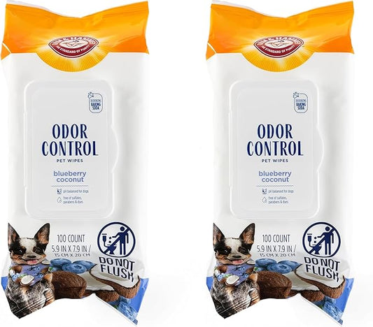 Arm & Hammer for Pets Odor Control Wipes for Dogs, Best Odor Eliminating Waterless Cleaning for Dogs & Puppies | Blueberry Coconut Scent, 100ct (Pack of 2)