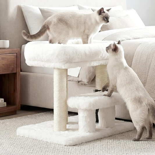 Heybly Cat Scratching Post, Small Cat Tree Tower with 3 Full Sisal Posts, Removable Plush Bed, Grooming Brush, Stable & Space-Saving Cat Furniture with Gentle Step for Indoor Cats, White HSP001SWH
