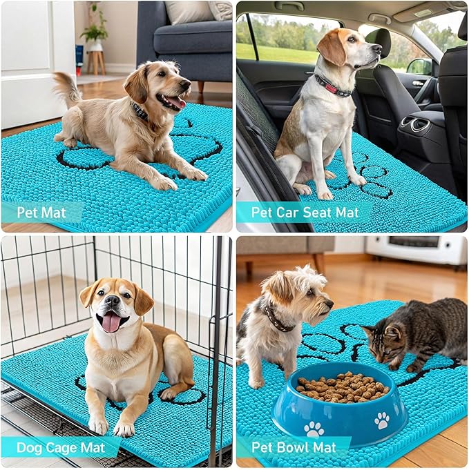 OLANLY Dog Door Mat for Muddy Paws 48x30, Paw Print Design, Absorbs Moisture and Dirt, Absorbent Non-Slip Washable Doormat, Quick Dry Chenille Mud Mat for Dogs, Entry Indoor Entryway Carpet, Aqua Blue
