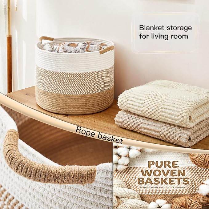 70L Large Cotton Rope Basket, Decorative Woven Blanket Storage for Living Room, Boho Toy Storage & Toy Box for Kids, Versatile Laundry Basket & Nursery Hamper for Blankets(Brown)