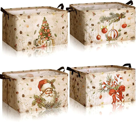 4 Pack Christmas Storage Bin Collapsible Large Christmas Storage Baskets for Gifts Xmas Tree Canvas Laundry Basket Foldable Box with Handle for Office Home Bedroom Clothes Toys Holiday Decor
