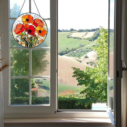 California Poppy Forest Sun Catcher 9.8'' Stained Glass Window Hanging Flower Lover Gifts for Women Red Poppy Kitchen Decor Suncatcher Decoration for Home Garden Housewarming Gifts