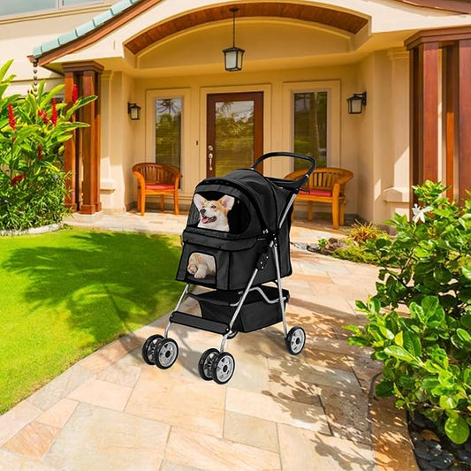 Pet Stroller for Small Medium Dogs & Cats, 4-Wheel Breathable Compact Foldable Dog Carrier with Storage Basket, Outdoor Portable Lightweight Travel Stroller for Camping,Black