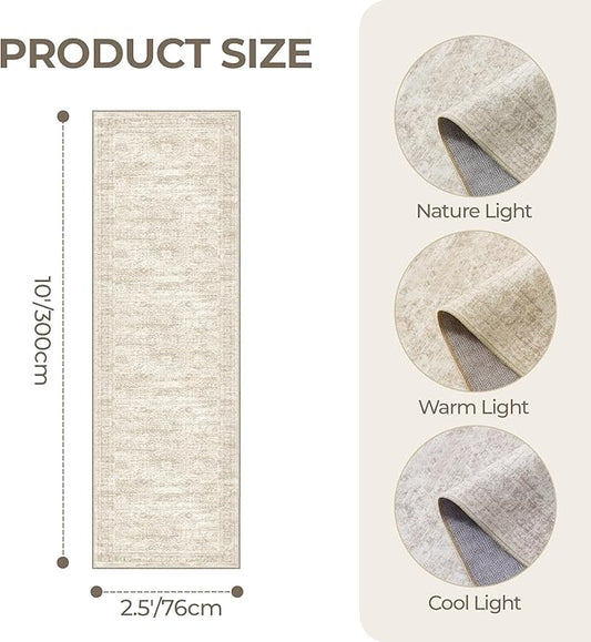 Kitchen Runner Rugs Non Skid Washable - 2.5 x 10 Runner Rug with Anti Slip Backing, Ultra-Thin Soft Rug Runner for Hallway, Bedroom, Living Room (2.5'x10', Beige/Ivory)