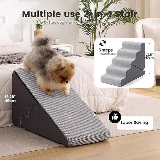 Gardner Pet Dog Stairs for Small Dogs 22.5" H, 2 in 1 Transformable 5-Step Pet Stairs and ramp, Dog Steps for Couch bed (23~27 in) with Durable Non-Slip Waterproof Cover and CertiPUR-US Certified Foam