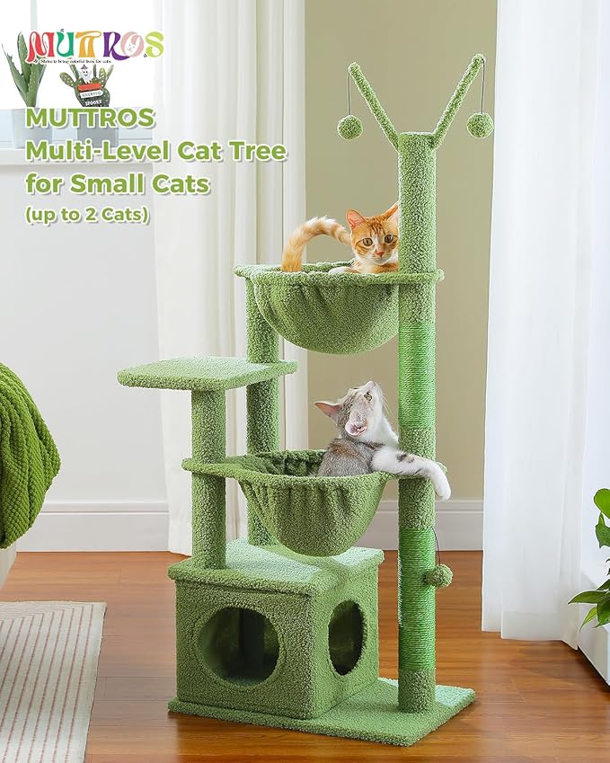 MUTTROS Cactus Cat Tree, 47.6" Cat Tower with 2 Metal Frame Hammock, Cat Scratching Post for Indoor Cats with 2 Removable Pompom Sticks for Kittens, Green