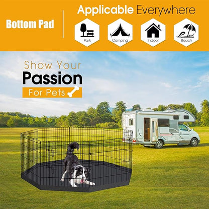 Dog Pet Playpen 8 Panel 24 Inch with Bottom Pad for Small Medium Pets Indoor Outdoor (Black Bottom Pad)
