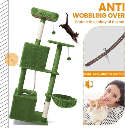 Cat Tree, 54-Inch Cat Tower for Indoor Cats, Soft Plush Multi-Level Climbing Cat Condo with Scratching Posts, Basket, Perches,2 Caves,2 Pompoms Play House for Cat(Green)