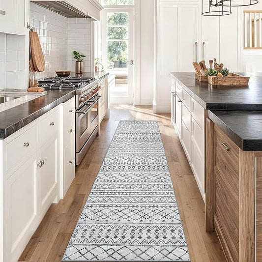 KUTA Boho Runners for Hallways 2x8 Grey Moroccan Washable Runner Rug Non-Slip Vintage Kitchen Rugs Ultra Soft Distressed Geometric Floor Carpet for Bedroom Laundry Living Room