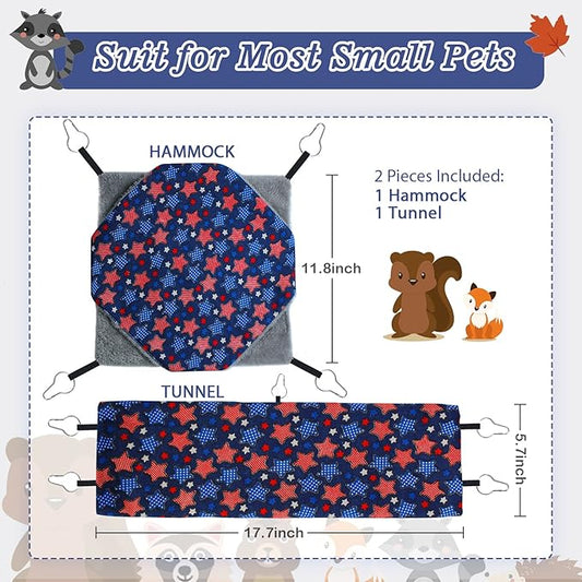 Ferret Rat Hammock Set Guinea Pig Hideout Bed,Soft Hamster Toys Hanging Tunnels and Tubes,Plush Small Animal Pet Chinchilla for Cage Accessories Hide,Play and Sleep,2 Pack,Blue Star
