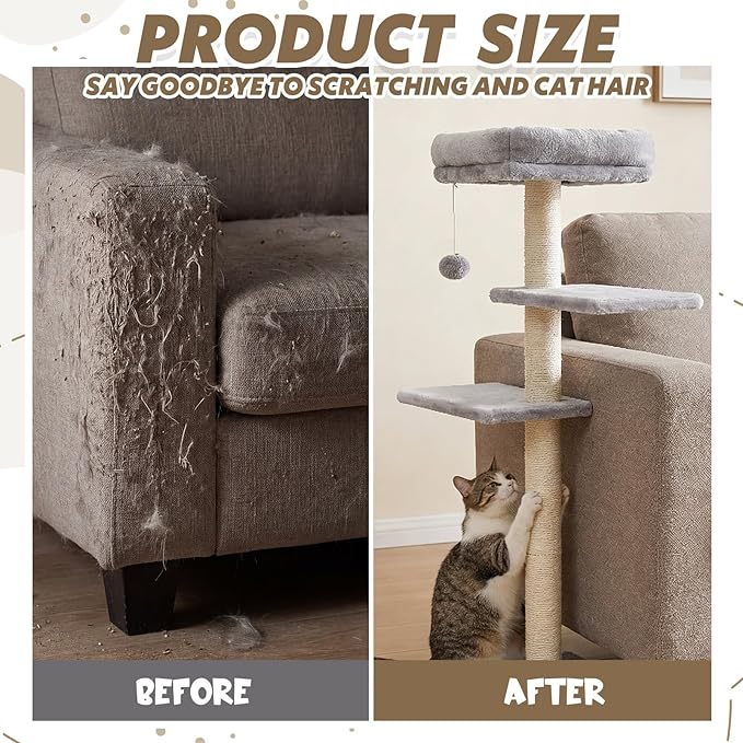 Geelin 39” H Cat Tree Tower with Thick Scratching Posts Sisal 11.8 x 15.7” Cat Bed for Sofa Side for Indoor Large Cats and Kittens Adjustable Height Easy Assembly Heavy Duty, Grey