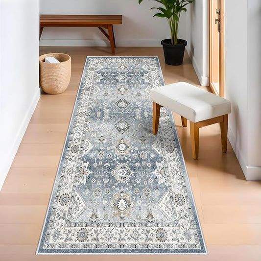 Washable 2x6 Hallway Runner Rug: Vintage Soft Runners for Kitchen Entry Low Pile Carpet with Non-Slip Backing for Living Room Bedroom Thin Water Resistant Bathroom Carpet for Dining Room (Grey,2x6)