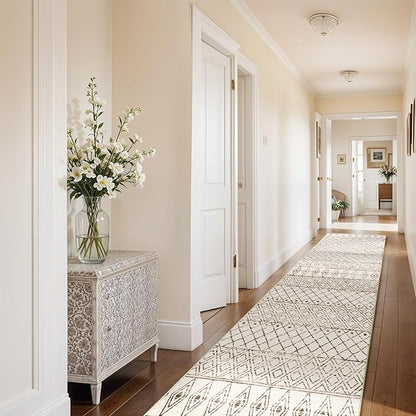 2'6"x12' Hallway Runner Rug Moroccan - Machine Washable Runner Rugs Low Pile Rug with Rubber Backing Soft Long Floor Mat Non Slip Vintage Indoor Carpet for Bedroom Entryway 2'6"x12' Geo Beige