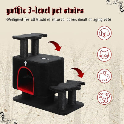 Gothic 3-in-1 Dog Stairs & Cat Scratching Post with Condo - Pet Steps for High Beds, Sofa & Couch, 3-Tier Cat Tower with Sisal Scratching Pad for Small Dogs, Cats & Kittens, Black