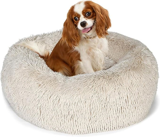Calming Donut Dogs Beds for Small Dogs Washable,28inch Plush Round Pet Bed for Cozy Sleep,Fluffy Faux Fur Large Cat Bed,Fits up to 30 lbs Pets,Beige