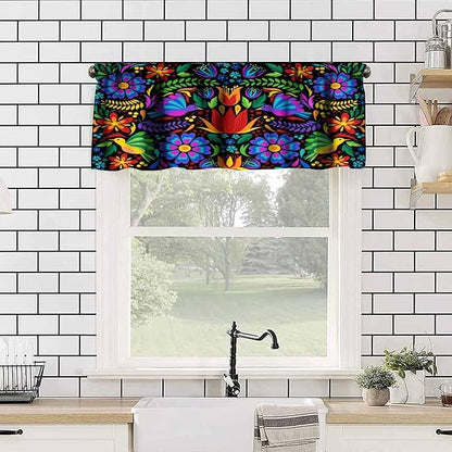 Mexico Valances Curtain for Kitchen, Mexican Folk Art Traditional Flower Pattern Window Treatment Valances Short Curtains Rod Pocket Drape for Dining Room Home Farmhouse Decor, 54x18inch