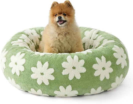 LE SURE Shown on TV Donut Small Dog Bed - Round Cat Beds Indoor Calming Gift for Pets, Cute Modern Beds with Jacquard Shaggy Plush & Anti Slip Bottom, 27 Inch, Green