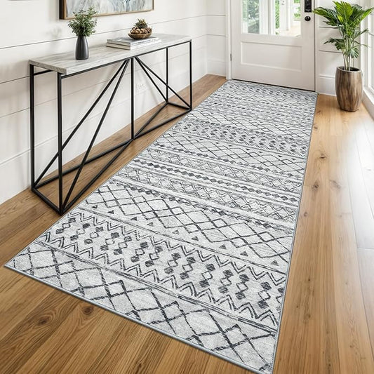 KUTA Boho Runners for Hallways 3x8 Grey Moroccan Washable Runner Rug Non-Slip Vintage Kitchen Rugs Ultra Soft Distressed Geometric Floor Carpet for Bedroom Laundry Living Room