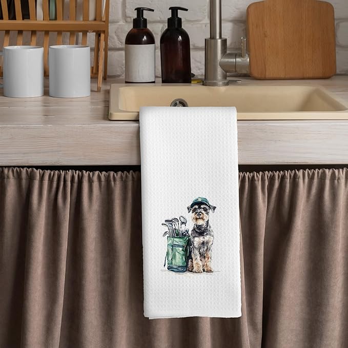 Golf Dog Kitchen Towels - Schnauzer Dish Towels, Sports Gifts, Pet Golf Club Decorative Absorbent Dishcloths Hand Towels for Kitchen Gym Spa Decor 16x24 Inches