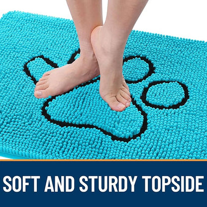 OLANLY Dog Door Mat for Muddy Paws 48x30, Paw Print Design, Absorbs Moisture and Dirt, Absorbent Non-Slip Washable Doormat, Quick Dry Chenille Mud Mat for Dogs, Entry Indoor Entryway Carpet, Aqua Blue