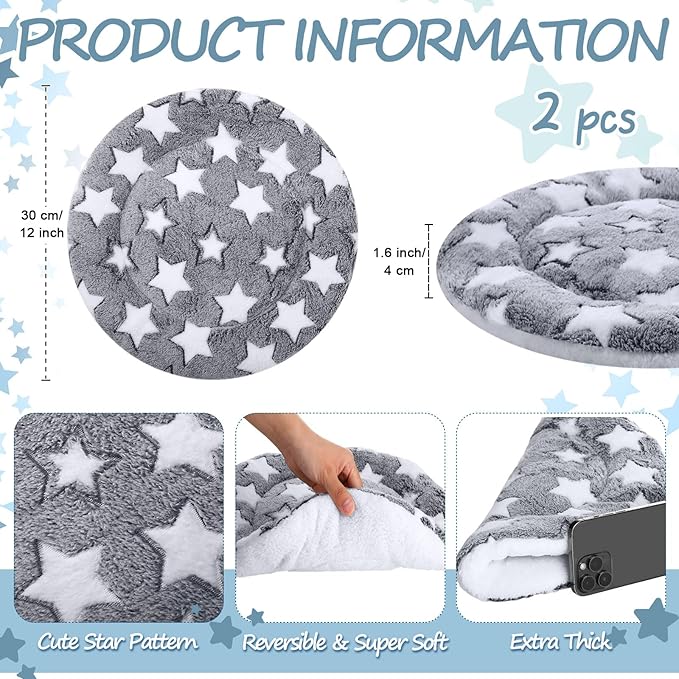 VitalCozy 2 Pack Self Heating Cat Pad Self Heating Cat Bed Machine Washable Heat Pet Mat Reversible Body Thermal Warm Round Dog Bed Crate Blanket for Feral and Indoor Cats(12'',Large Star)